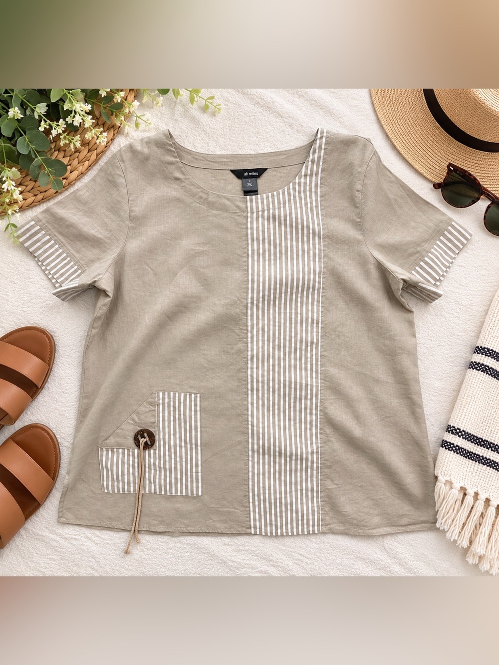 Ali Miles Linen Cotton Tunic Top Beige Striped Detail Women’s L
